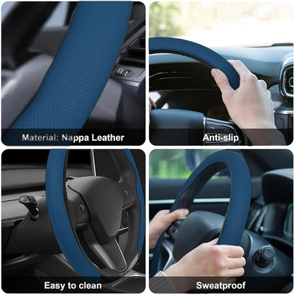 Frani Nappa Leather Steering Wheel Cover,Universal Fit 15 Inch-Premium Non-Slip Breathable Comfort Grip for Cars Trucks SUVs,Anti-Slip Durable Interior Upgrade Navy Blue