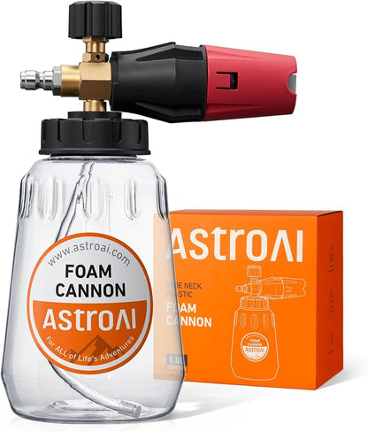 AstroAI Foam Cannon for Pressure Washer, Snow Clear Foam Cannon, Wide Neck Foam Blaster Adjustable Nozzle for Car Wash Accessories, with 1/4 Inch Quick Connector,1 L Clear Bottle