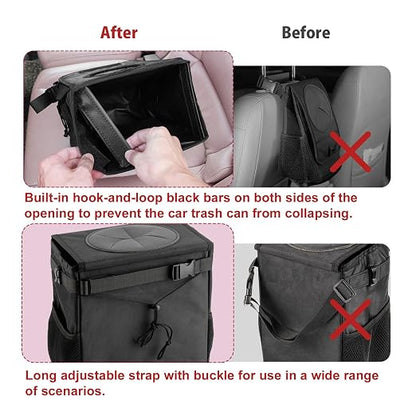 Ryhpez Car Trash Can with Lid - Hanging Trash Bin Garbage Can for Car SUV, Leak-Proof Collapsible Automotive Truck Organizer Road Trip Essentials(3.2 Gallon/12L)