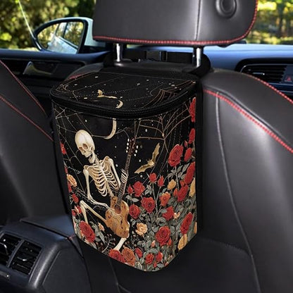 Skull Vintage Roses Pattern Car Trash Can with Lid and Zipper Portable Foldable Trash Bin for Car Interior Accessories Multipurpose Garbage Can Bags Storage Organizer Halloween Decor