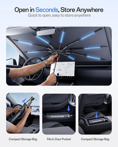 Car Windshield Sun Shade Umbrella for Model Y 2020~2026(Ice Crystal + Fabric + Black Film), Keeps Car Cool, Foldable Sunshade with Soft Edge, Easy Storage with Bag