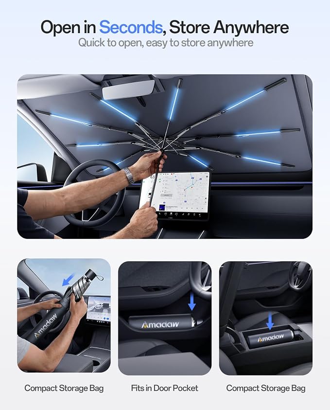 Truck Windshield Sun Shade Umbrella for Ram Series,2000~2026,100% UV Block & Heat Insulation,Keeps Car Cool, Foldable Sunshade with Soft Edge, Easy Storage with Bag, XL Size(65" x 35")