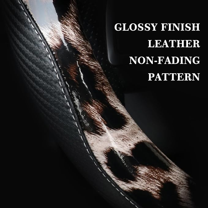 KAFEEK Dark Brown Leopard Steering Wheel Cover, 15 inch Carbon Fiber Texture, Glossy Cheetah Pattern, Non-Slip Microfiber Leather, Universal Fit for SUV Sedan