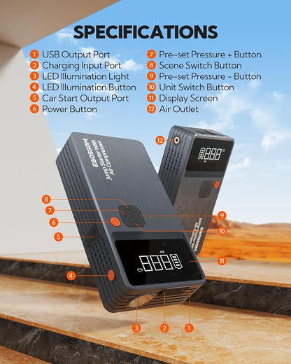 Car Battery Jump Starter with Air Compressor,44.4Wh Battery Jump Box with Tire Inflator,Jump Booster with Smart Jumper Cables,LED Light Emergency Car Kits for Vehicles,Arrancador Ae Batería
