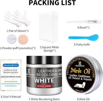 SHADAIWUYU 8.5oz Leather Recoloring Balm with 100ml Mink Oil,White Leather Repair kit for Furniture and Car Interior,Leather Couch Scratch Repair,Leather Dye Paint,Mink Oil for Leather