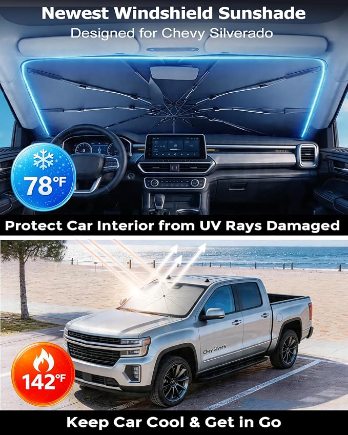 DMJN Umbrella Windshield Sun Shade for Chevy Silverado (2011-2026), Car Sunshade for Front Windshield [Nano Ice-Crystal Coatings] UPF50+ Heat & UV Block, Protect Interior & Keep Cooler