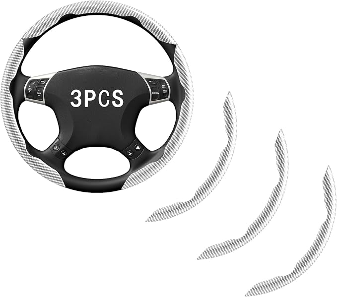 FOAN Steering Wheel Covers, 3PCs Carbon Fiber Anti-Skid Clip on Car Steering Wheel Cover Protector Universal for Most Car, White