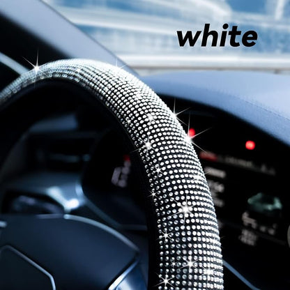 Bling Rhinestone Steering Wheel Cover with Crystal Diamond for Women, Sparkling Car Wheel Protector Universal Fit 14-15 inches - White