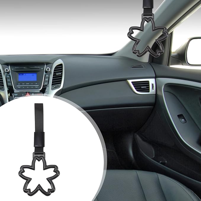 Healeved Cherry Blossom Car Handle Rings 2pcs Black Strap Interior Safety Pull Handles Japanese Automotive Accessories Decorative Warning Rings for Vehicle Safety