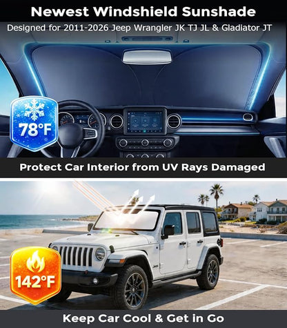 DMJN Front Windshield Sun Shade for Jeep Wrangler JL JK JT (2011-2026), [Nano Ice-Crystal Coatings] UPF50+ Heat & UV Block, Protect Car Interior & Keep Cool, Flodable Steel-Ring Car Cover for Summer