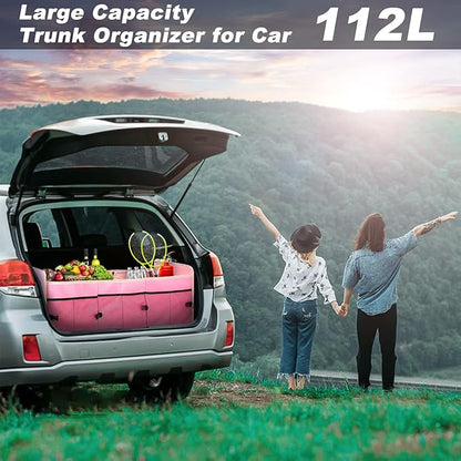 Car Trunk Organizer with Individual Cooler Bag - 3 Compartments Trunk Organizer for Car Collapsible Car Storage Organizer for SUV (Pink)