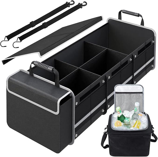 Snuopfy Car Trunk Organizer,115L Heavy Duty Collapsible Trunk Storage, with Insulated Leakproof Cooler Bag Vehicle Cargo Organizer with Lid, 3 Compartments, Straps For Car,Suv,Jeep,Sedan-Black