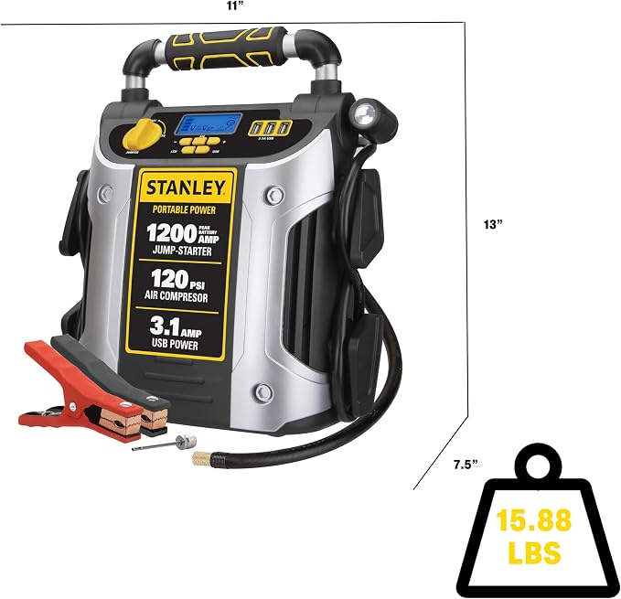 Stanley J5C09D 1200 Peak Amp Automotive Jump Starter, Portable Power – 2.1A/10W USB Port, 120 PSI Air Compressor