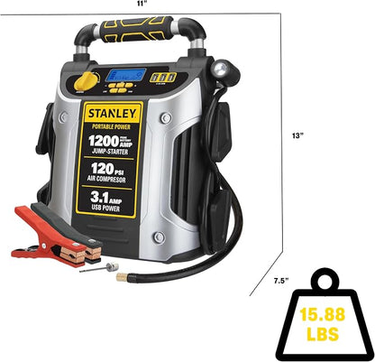 Stanley J5C09D 1200 Peak Amp Automotive Jump Starter, Portable Power – 2.1A/10W USB Port, 120 PSI Air Compressor