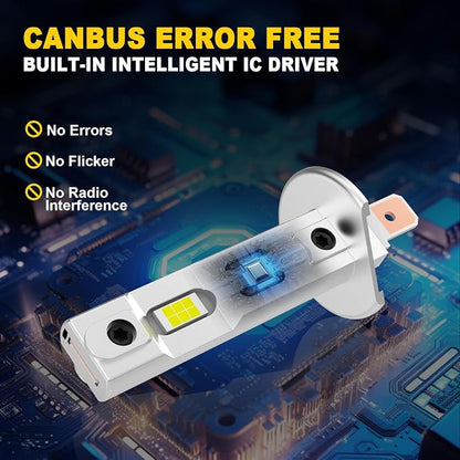 AHOBXD H1 Light Bulbs,6500K White Super Bright Upgraded 600% 30000LM Brightness Real 1:1 Halogen Size 80000Hours Lifespan H1/H1LL Flicker Free and Canbus Free IP68 Waterproof Pack of 2