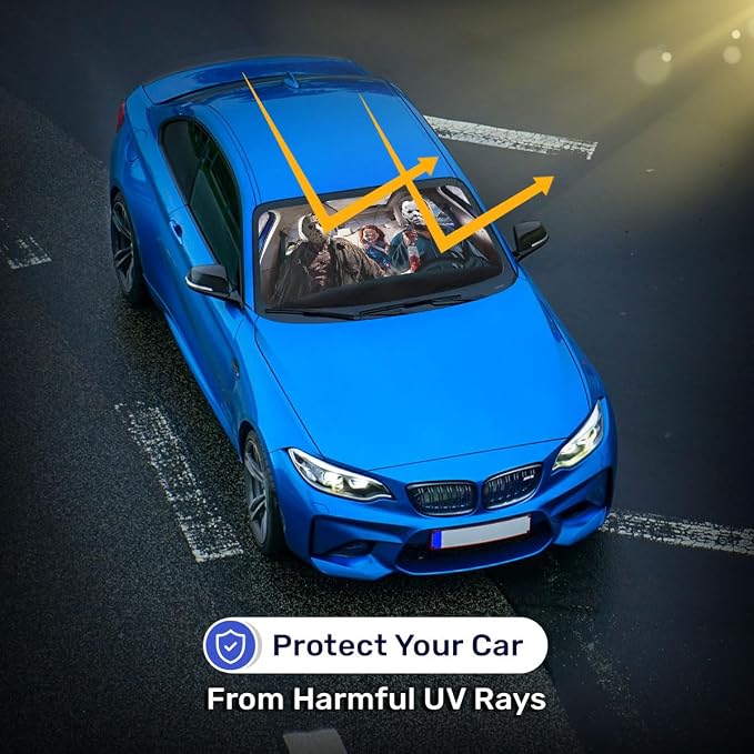 GENANY Horror Movie Character Windshield Sun Shade for Car SUV Truck (55x29 Inches), Automobile Sunshade, Protector Blocks UV, Car Accessories