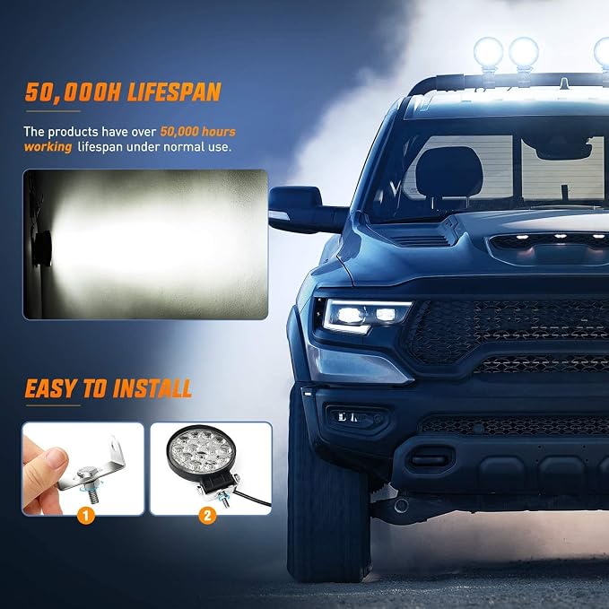 Nilight LED Pods 2Pcs 4.5Inch 42W 4200LM Round Flood Light Off Road Lights Fog Lights Driving Roof LED Light Bar Work Light with 16AWG Wiring Harness Kit-2 Leads
