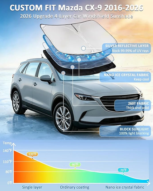 for Mazda CX-9 2016-2025 2026 Windshield Sun Shade - 4 Layers Car Sunshades for Front Windows Shade Cover Custom Fit CX-9 Sun Visor 250T Retractable Shade Blocks UV Rays Car Accessories