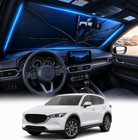 [2026 Upgraded] DooGooCoo Windshield Sun Shade Umbrella for Mazda CX5 2017-2025 2026 [100% Sunlight Blocked, Cooling Ice Crystal] Sunshade for Car Windshield for CX5 Sun Shade, Custom Fit for CX 5.