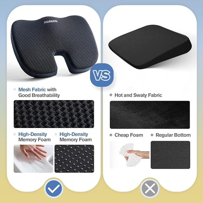 Mureon Office Chair Cushion - Large Memory Foam Ergonomic Chair Cushion for Back & Hip Pressure Relief - Non-Slip Seat Cushion for Car, Desk Chair & Tailbone Pain - Soft Support - Black
