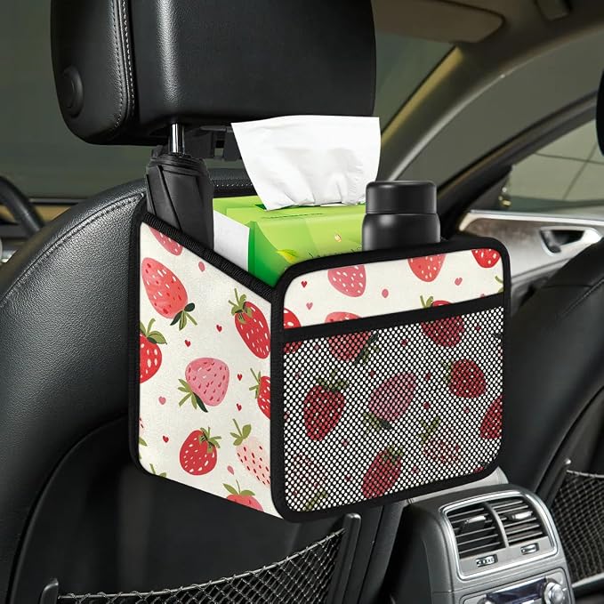 Car Backseat Organizer, PU Leather Back of Seat Cars Hanging Organizer with Pockets Leakproof Car Garbage Bag Hanging Cars Seat Storage Box Travel Accessories Foldable (White Strawberries)
