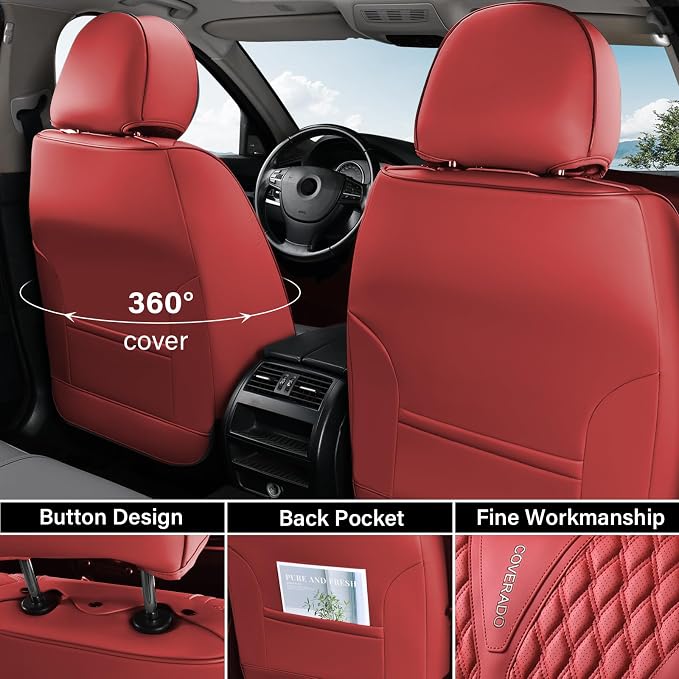 Coverado Car Seat Covers Full Set, Waterproof Nappa Leather Seat Covers for Cars, Front and Back Car Seat Protector, Luxury Car Seat Covers, 5 Seats Universal Red Car Seat Cover Fit for Most Cars
