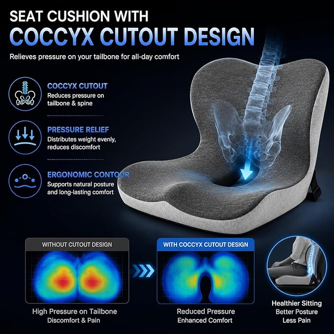 Cupocupa Memory Foam Seat Cushion, Ergonomic Orthopedic Pad with Adjustable Strap for Car Truck Office Chair, Lumbar Back Support & Sciatica Relief for Long Drives