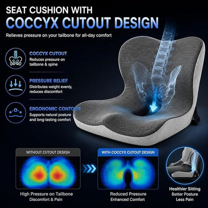 Cupocupa Memory Foam Seat Cushion, Ergonomic Orthopedic Pad with Adjustable Strap for Car Truck Office Chair, Lumbar Back Support & Sciatica Relief for Long Drives