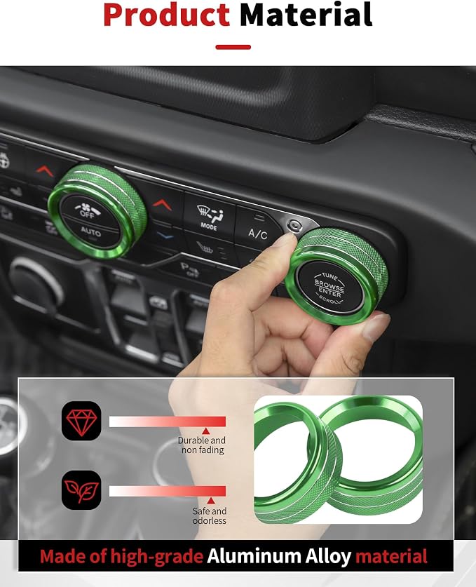 JWWY JL AC Air Vent Trim Rings & Dashboard Headlight Switch Decor Switch Knob Cover Kit Fit for 2018-2023 Jeep Wrangler JL JLU Interior Accessories, Aluminum Alloy 8PCS Green