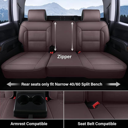 Coverado Chevy Silverado Seat Covers, Leather Car Seat Covers Custom Fit for Chevy Silverado GMC Sierra 2014-2018 1500, 2015-2019 2500HD 3500HD (Full Set, Brown)