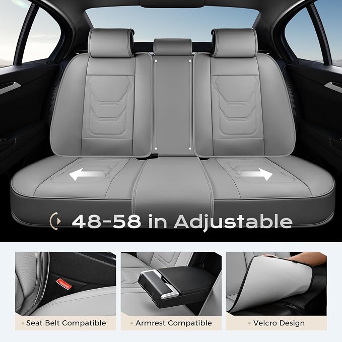 Coverado Car Seat Covers Full Sets, 5 Piece Car Seat Protector Waterproof Leather Seat Cushion Universal Fit for Truck Automotive Vehicles Gray