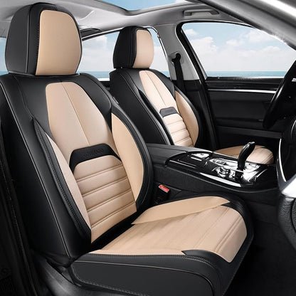 Coverado Car Seat Covers Full Set, Seat Covers for Cars, Automotive Seat Covers, Waterproof Nappa Leather Front Seats and Back Car Seat Protector, Universal Fit for Most Cars SUV Trucks,Black&Beige