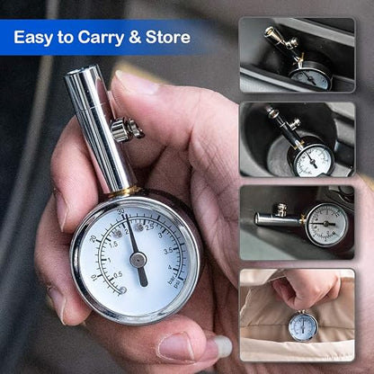 CZC AUTO Heavy Duty Tire Pressure Gauge Reader Checker 0-60PSI, ANSI B40.1 Accurate Mechanical Air Gage, Chrome Plated Single Chuck Dial Wheel Pressure Tester for Motorcycle Bike Car RV Bicycle