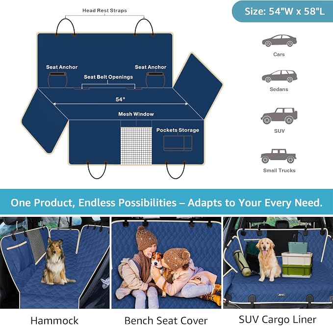Lassie Dog Car Seat Covers for Back Seat with 2 Seat Belts, Waterproof Dog Car Hammock with Mesh Window Durable Scratch Proof Nonslip Pet Carseat Covers Universal Fit Protector for Cars, Trucks & SUVs