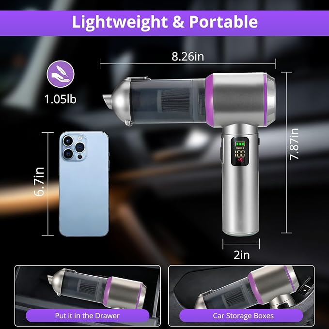 Cordless Handheld Vacuum with 17000Pa Suction, Portable Car Vacuum Cleaner for Pet Hair, Home & Desk, 3-Speed, LED Light, 4-in-1 Nozzles, Type-C Charging
