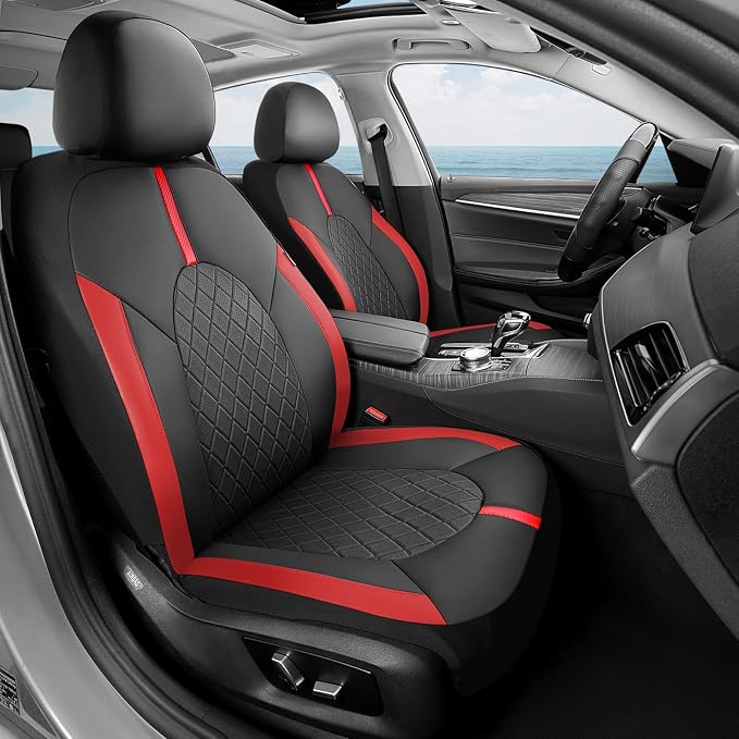 Coverado Red Car Seat Covers Full Set, Waterproof Front Seats Back Seat Cover, Leather Car Seat Cushion Universal Fit for Most Cars