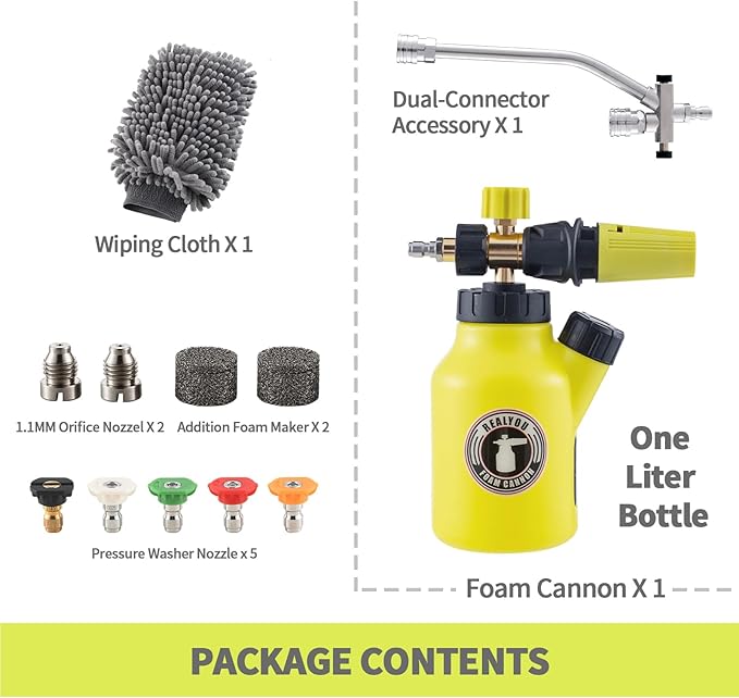 REALYOU Foam Cannon with Foam Cannon Dual-Connector, Pressure Washer Accessory for Car Washing and Cleaning, 5 Pressure Washer Sprayer Nozzles, 1/4" Quick Connect