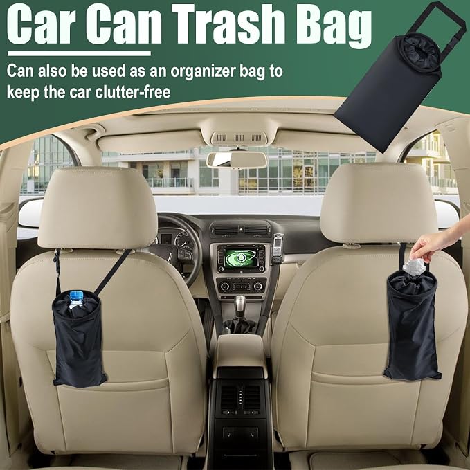 ecocstm 2 PCS Car Trash Bags, Car Accessories Washable Garbage Bag Hanging, Detachable Trash Can with Top Elastic Vent & Sticky Strap Bottom Opening, Seat Back Tash Bag for Cars,Travelling,Outdoor