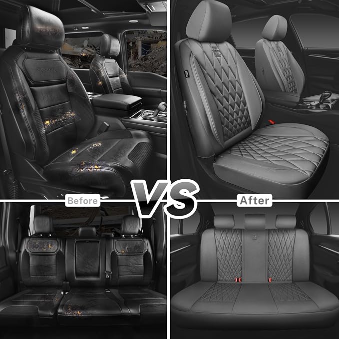 CAR PASS Piping Luxury Leather Seat Covers Full Set,5 Seats Anti-Slip Waterproof Seat Covers Compatible with Front Armrests,Universal Fit for Sendans, Suvs,Vans,Trucks,Airbag Compatible,Pure Gray