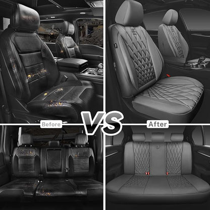 CAR PASS Piping Luxury Leather Seat Covers Full Set,5 Seats Anti-Slip Waterproof Seat Covers Compatible with Front Armrests,Universal Fit for Sendans, Suvs,Vans,Trucks,Airbag Compatible,Pure Gray