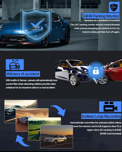 3 Channel Dash Cam Front and Rear Inside with 64GB SD Card, 1080P+720P+720P Car Dash Camera for Cars Front and Rear, Dashcam with G-Sensor, Loop Recording, 24H Parking Mode, Night Vision