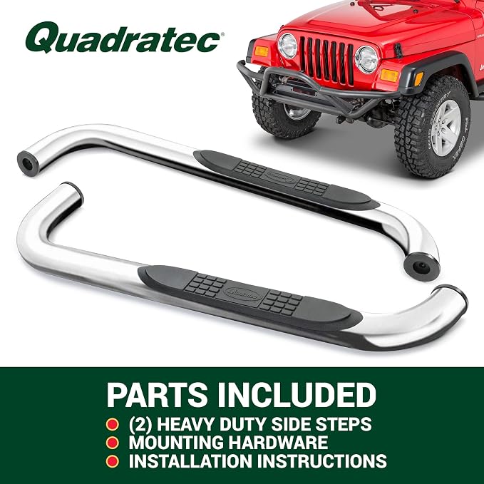 Quadratec QR3 Heavy Duty Side Step, Set of 2, Stainless Steel - Fits Jeep Wrangler YJ & TJ 1987-2006 - Non-Slip Nylon Pad Running Boards - Round 3" Diameter Mandrel Bent Tube
