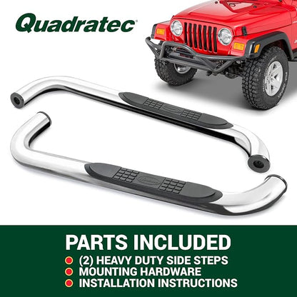 Quadratec QR3 Heavy Duty Side Step, Set of 2, Stainless Steel - Fits Jeep Wrangler YJ & TJ 1987-2006 - Non-Slip Nylon Pad Running Boards - Round 3" Diameter Mandrel Bent Tube
