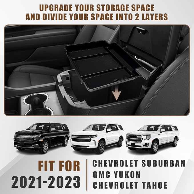 Muslogy for 2021-2026 Yukon Tahoe Suburban Center Console Tray Middle Organizer ABS Armrest Storage Box Compatible with GMC Yukon Tahoe Suburban 2021-2025 2026 Not for Sliding Console(Black)