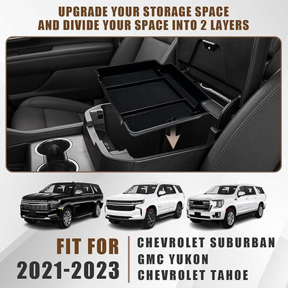 Muslogy for 2021-2026 Yukon Tahoe Suburban Center Console Tray Middle Organizer ABS Armrest Storage Box Compatible with GMC Yukon Tahoe Suburban 2021-2025 2026 Not for Sliding Console(Black)