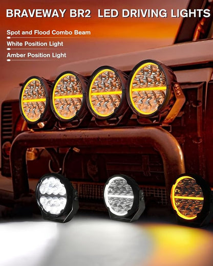 BraveWAY 6.5 Inch Round LED Driving Lights 140W 20400LM Round LED Offroad Light with Wiring Harness White & Amber DRL Spot Flood Combo Beam Auxiliary Light for Truck 4x4 ATV UTV, 2 Years Warranty Pair