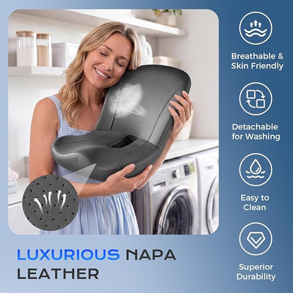 Coverado Car Seat Cushion and Lumbar Support Pillow One Piece, Napa Leather Memory Foam Ergonomic Back Support Driving Seat Cushion for Back Pain, Non-Slip Washable Cushion for Car, Driver, Office