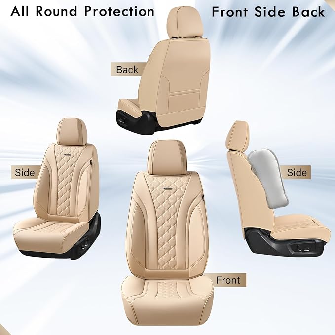 Coverado Car Seat Covers Front Seats, Beige Seat Covers, Breathable Perforated Design, Luxurious Diamond Leather Car Seat Cover, 2 Pack Car Seat Protector Front Seat Cover Universal Fit Most Cars
