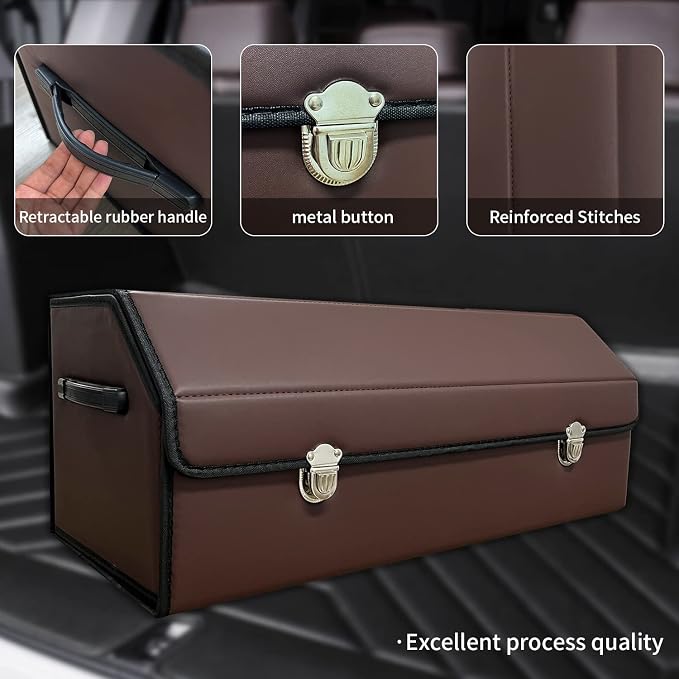 Car Trunk Organizer with Lid,Foldable Faux Leather Cargo Storage Box,3 Compartments,Collapsible Multi-Functional Organizer for SUV,Sedan and Vehicle Trunk