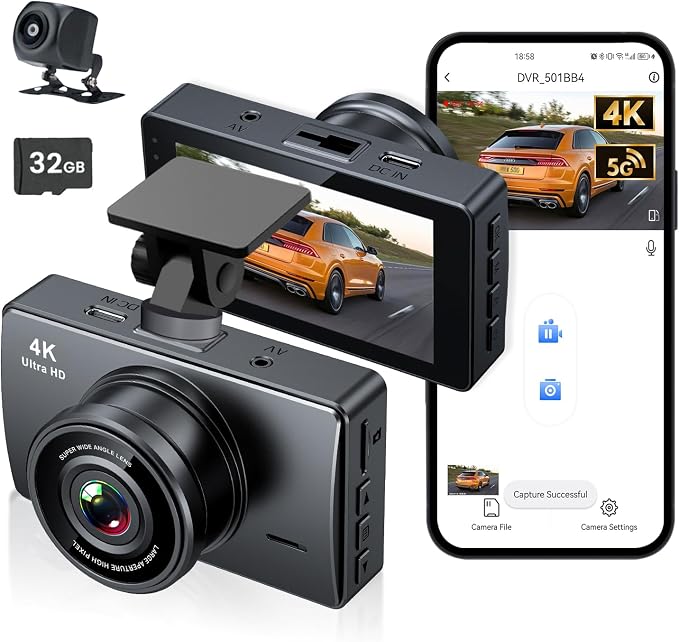 Dash Cam Front and Rear, Dash Camera for Cars 4K+1080, Dashcam Built-in WiFi, APP Control, 32GB Card Included, 3" IPS Touch Screen, 24H Parking Monitor, Night Vision, G-Sensor